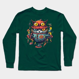 Retrofuturistic Robot Cat Vintage Alien Robot Long Sleeve T-Shirt